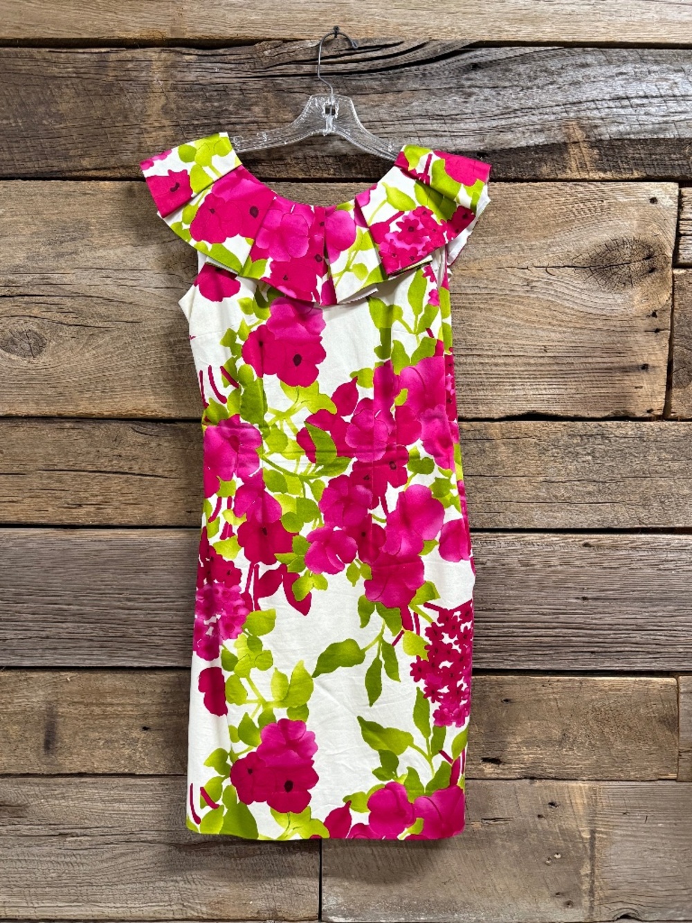 Sara Campbell Floral dress with ruffle portrait collar, white/pink, 8